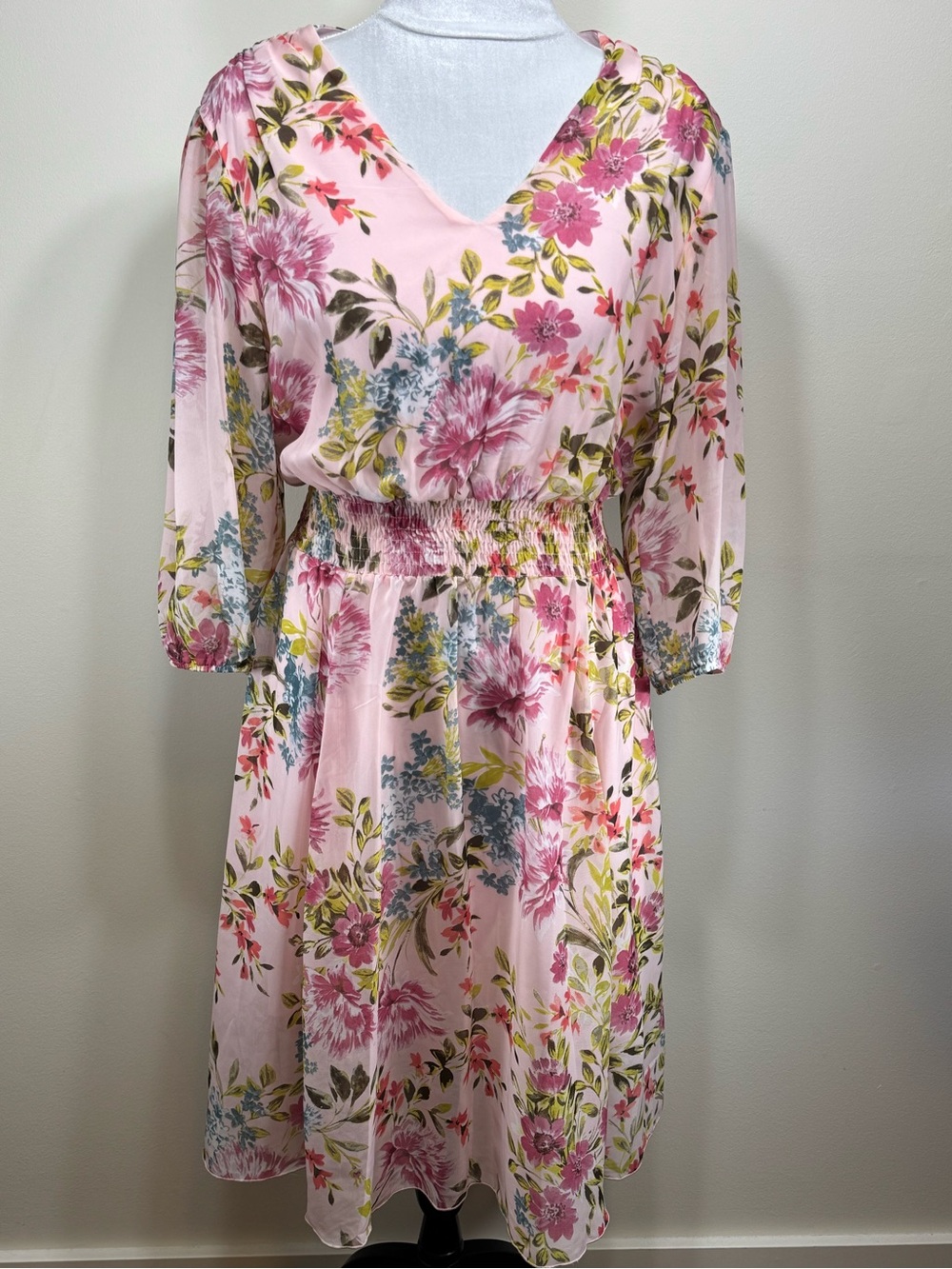 Kate & Lily Pink Floral Watercolor Chiffon Overlay Dress Sheer Sleeves Size 12 - Picture 2 of 11